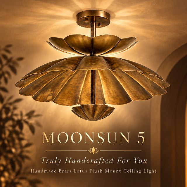 Handmade Brass Lotus Ceiling Light, Antique Brass Scalloped Semi Flush Mount, Floral Ceiling Fixture for Bedroom, Hallway & Living Room For Sale - Image 6 of 13