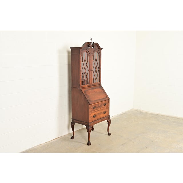 Saginaw Chippendale Flame Mahogany Drop Front Secretary Desk With Bookcase Hutch by Saginaw Furniture, Circa 1920s For Sale - Image 4 of 18