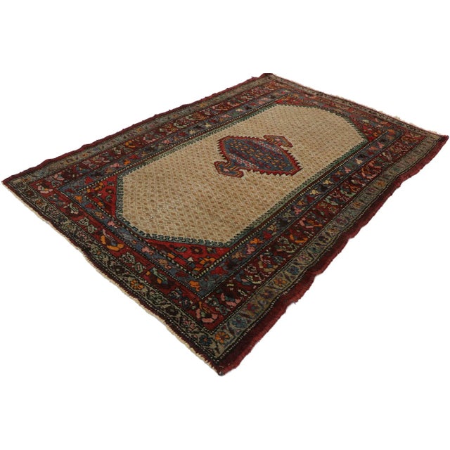 antique Persian Hamadan rug with Arts & Crafts style. This hand knotted wool antique Persian Hamadan rug features a...