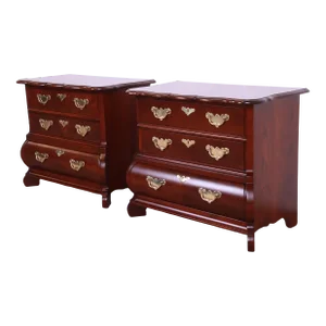 Baker Furniture Burl Wood and Walnut Bombay Form Bedside Chests, Newly Refinished