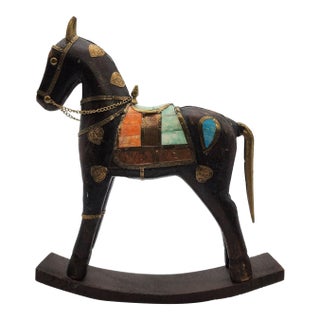 Late 20th Century Solid Wood Carved Rocking Horse Embellished With Gemstones and Brass Accents For Sale