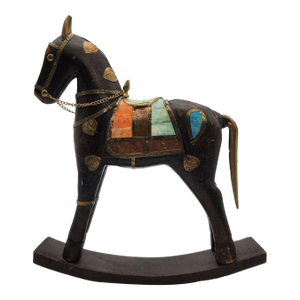 Late 20th Century Solid Wood Carved Rocking Horse Embellished With Gemstones and Brass Accents