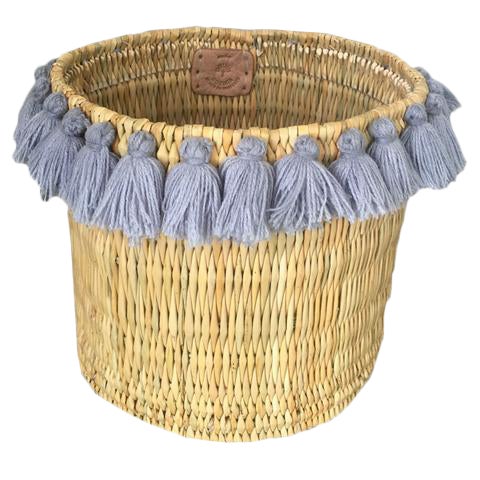 Moroccan Grey Tassel Large Basket For Sale
