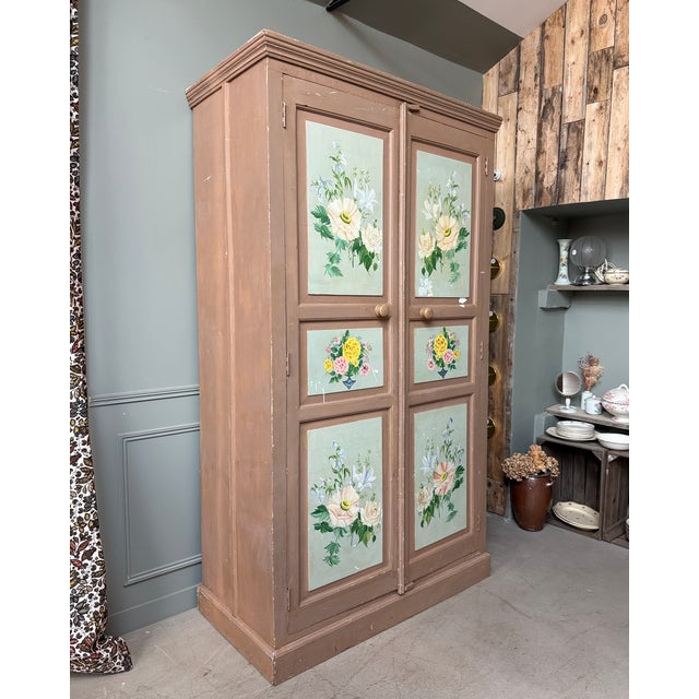Large Antique Wardrobe with Floral Painted Decoration, 1890s For Sale - Image 3 of 11