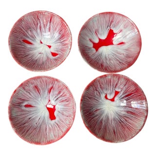 Mid 20th Century Signed Red and White Drip Glazed Bowls - Set of 4 For Sale