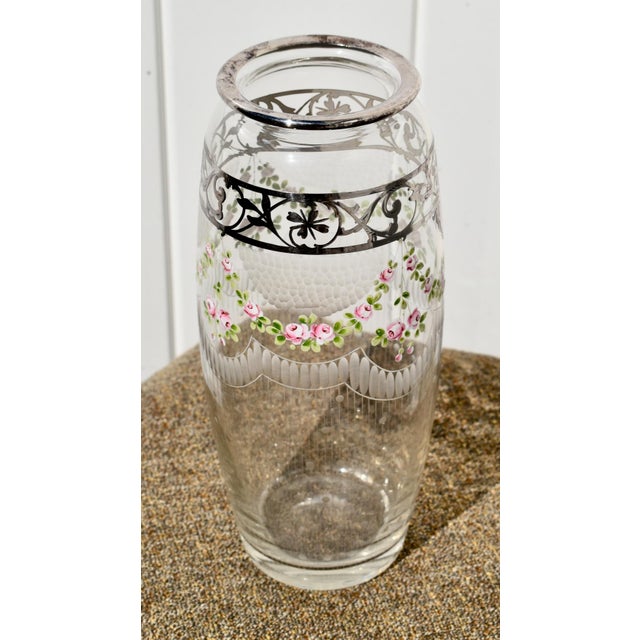 Antique Bohemian Etched Glass Vase W/Floral Enamel and Sterling Silver Overlay For Sale - Image 12 of 13