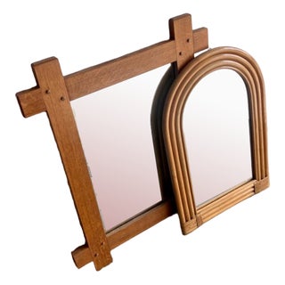 Wooden Arch-Shaped Mirror with Tree Bamboo Wicker Frame, 1970s For Sale