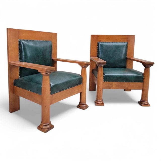 Antique Neoclassical Mission Arts & Crafts Style Chairs in Hunter Green Leather - Pair This exquisite pair of 19th Century...