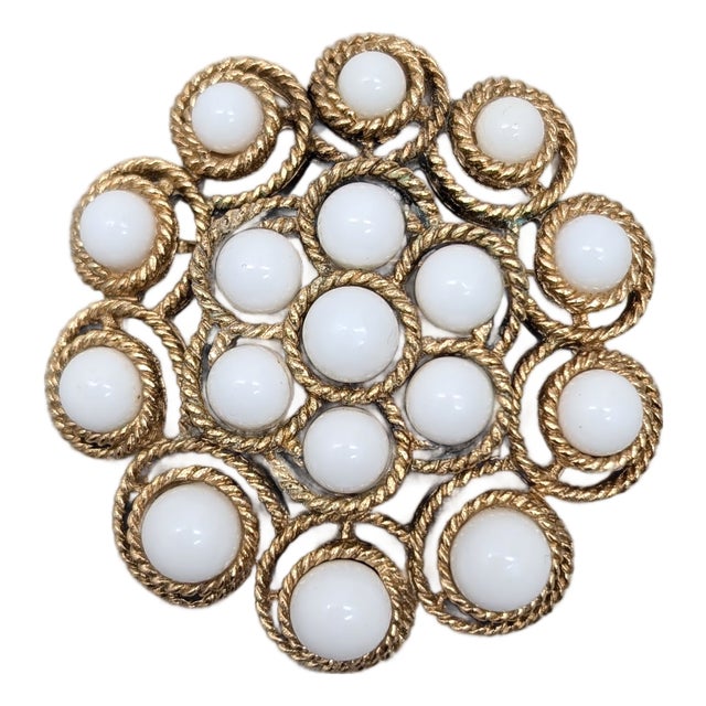 Vintage 1964 Signed Crown Trifari White Cabochon Brooch, Harper's Bazaar Ad Piece For Sale