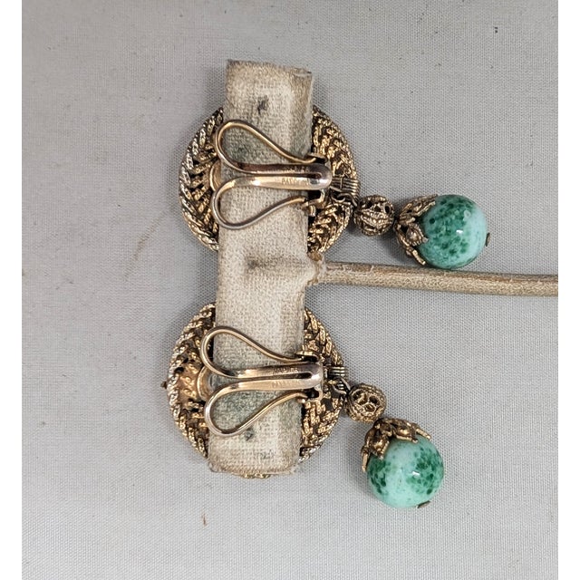 Vintage 1960s Signed Napier Goldtone Buddha Faux-Jade Drop Clip Earrings-2 Pieces For Sale - Image 9 of 10
