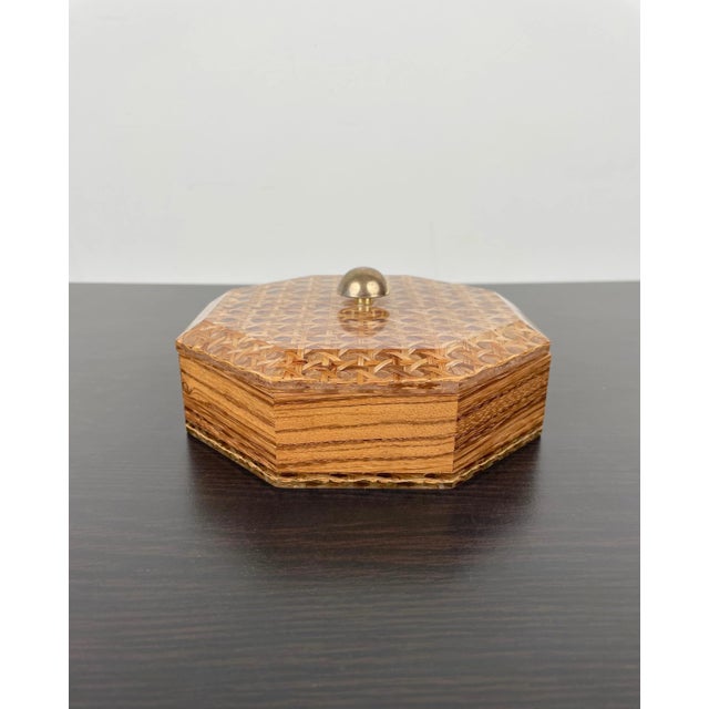Christian Dior Acrylic Wicker Wood & Brass Octagonal Box by Christian Dior, France, 1970s For Sale - Image 4 of 10