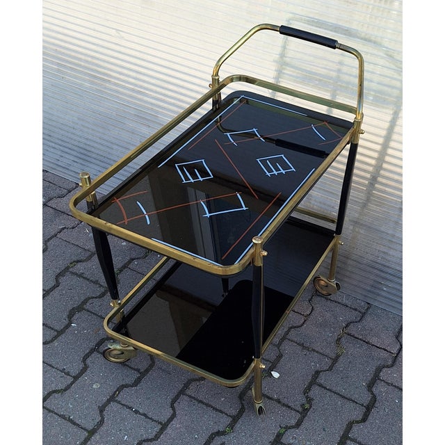 Mid-Century German Tea Trolley with Brass Frame and Black Glass Shelves, 1960s For Sale - Image 10 of 13
