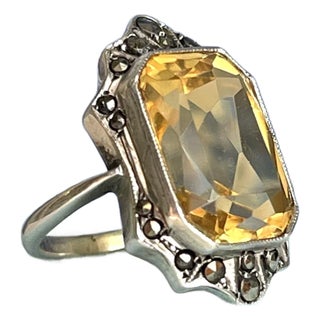 1920s Art Deco Silver Citrine & Marcasite Ring, Size 3 For Sale