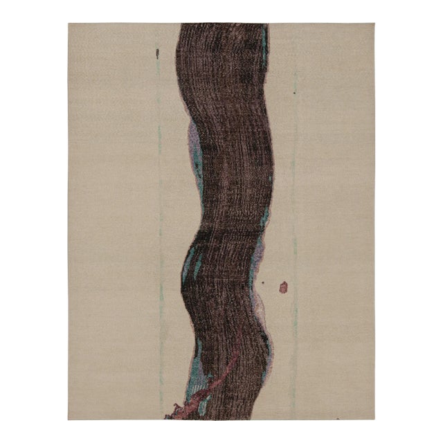 Rug & Kilim’s Distressed Abstract Rug in Beige With Purple Pattern For Sale