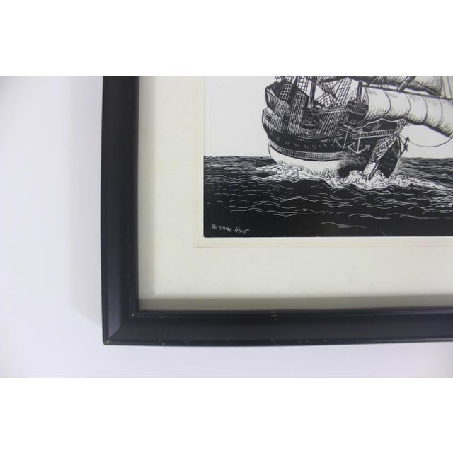 Mid-Century Modern Vintage Pen and Ink Clipper Sailing Ship Framed Art Signed by Artist Sailboat Black and White Small For Sale - Image 3 of 11