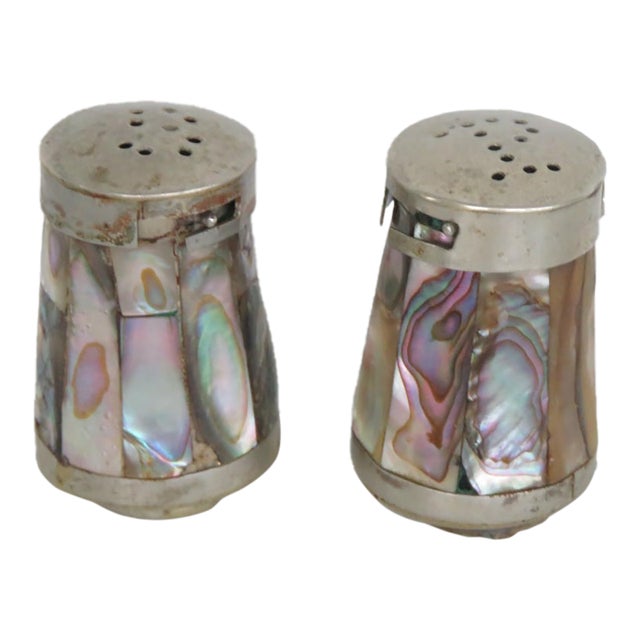 Mexican Salt and Pepper Shaker Pair 2pc Alpaca Silver Abalone Shell 5191b For Sale