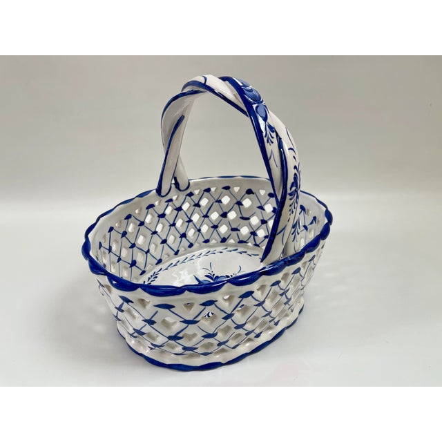 Ceramic Large Vintage European Blue & White Pierced Centerpiece Basket For Sale - Image 7 of 9