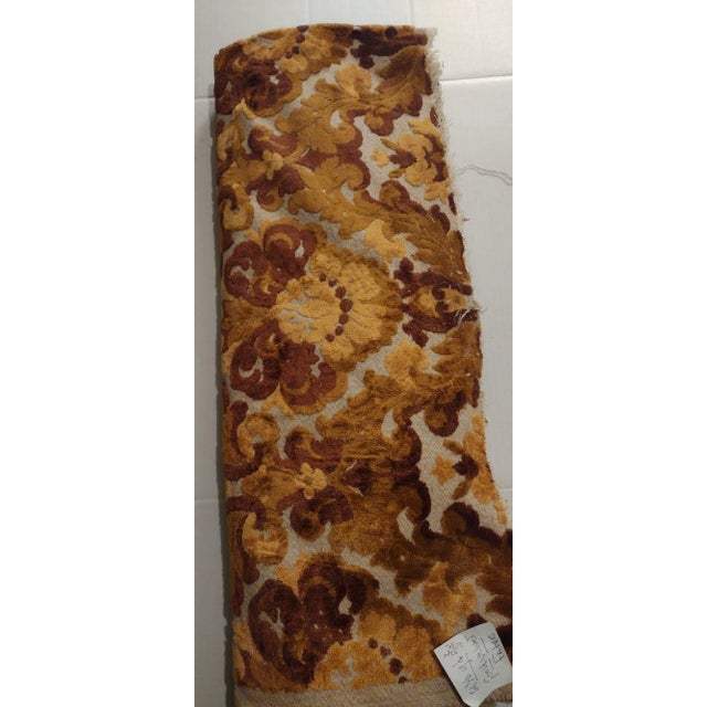 Beautiful rich golden velvet floral designer upholstery soft fabric. Flowers woven into fabric & rise up from beige...