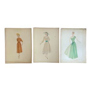 1950’s Vintage Hand Painted Set of Three Women’s Fashion Illustrations
