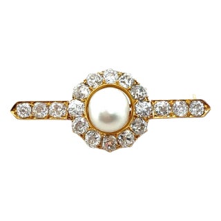 19th Century Victorian, Gia Natural Pearl and Diamond Brooch, 18k For Sale