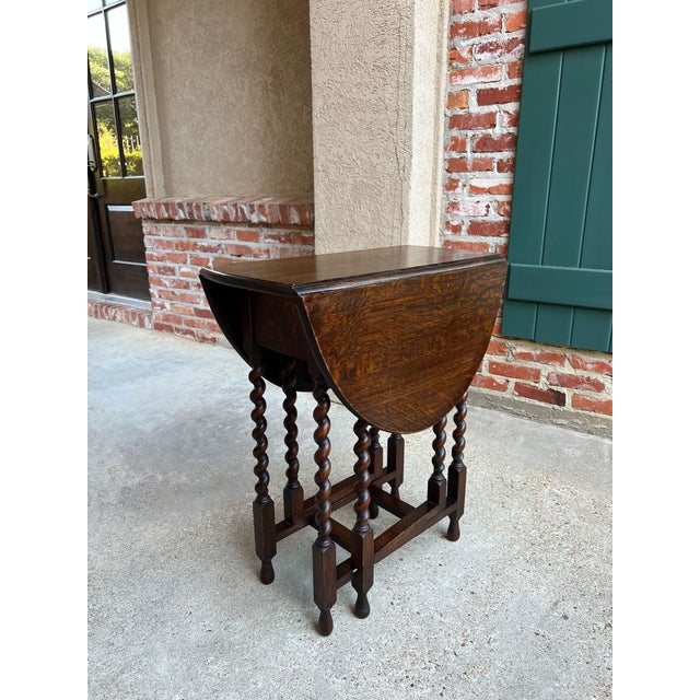 Antique English Petite Drop Leaf Table Barley Twist Gateleg Tiger Oak C1920 For Sale - Image 14 of 18