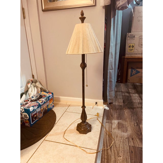 Mid-Century Modern Vintage 38” MCM Marbled Ornate Lamp With Pleated String Shade For Sale - Image 3 of 7