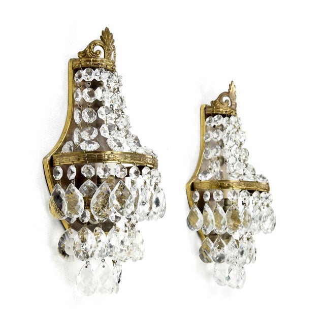 Metal French Empire Style Brass & Crystal Wall Sconces, 1930s, Set of 2 For Sale - Image 7 of 7
