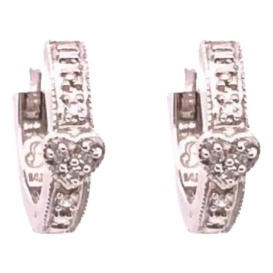 14 Karat White Gold Diamond Heart Front and Back Hoop Earrings For Sale