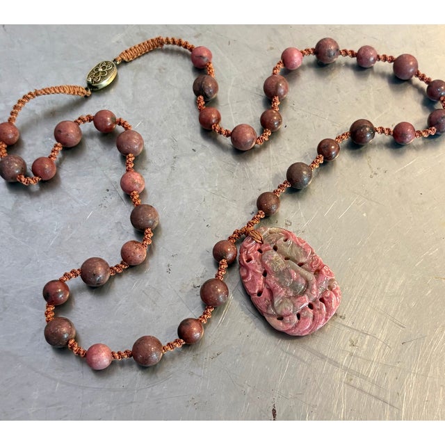 Metal Carved Pink Rhodonite Beaded Pendant Necklace For Sale - Image 7 of 8