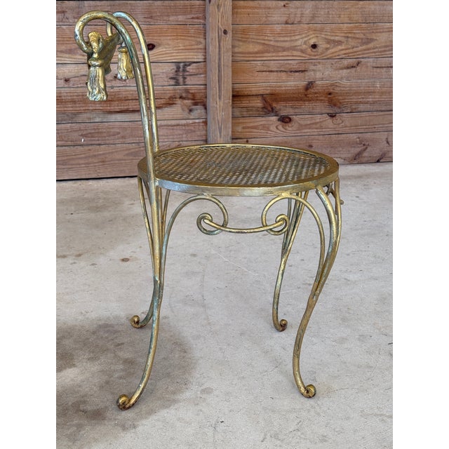 Metal Vintage Hollywood Regency Gilt Metal Vanity Chair With Tassel Swag Detail For Sale - Image 7 of 10