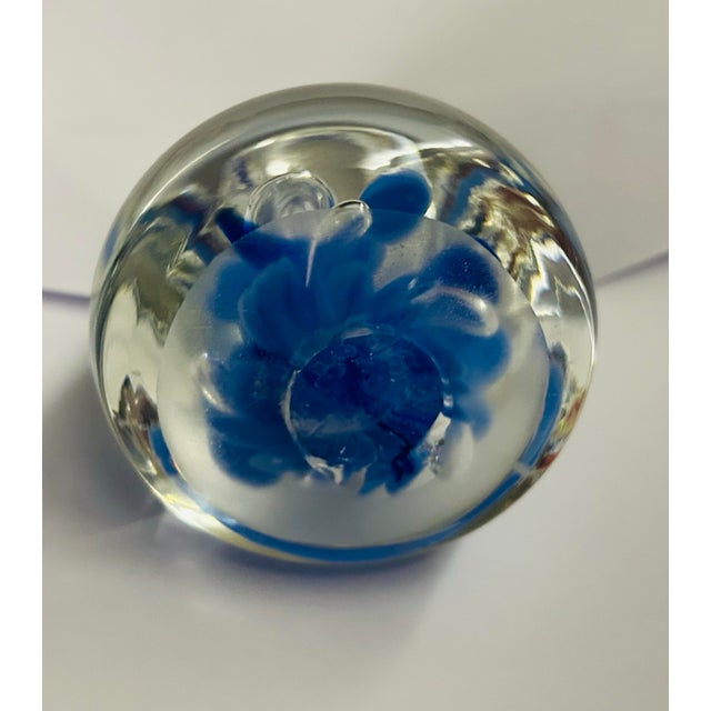Joe St. Clair Art Glass Bell Shaped Paperweight Blue Flowers- Light Blue and Navy Blue On the inside - it shows the light...