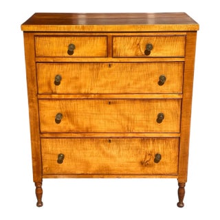 Antique Federal Period Tiger Maple Tall Chest With Secret Locking Drawer Feature For Sale