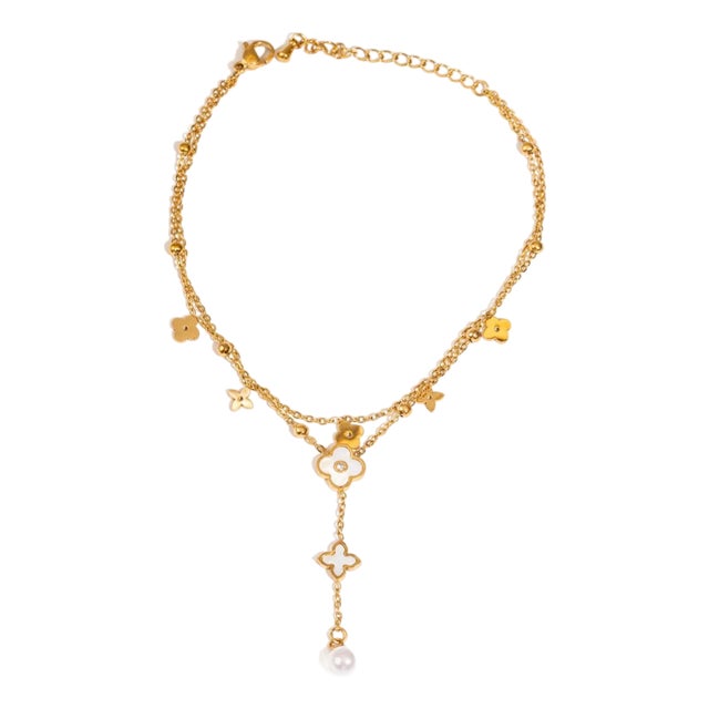Floral Pearl Charm Gold Anklet For Sale