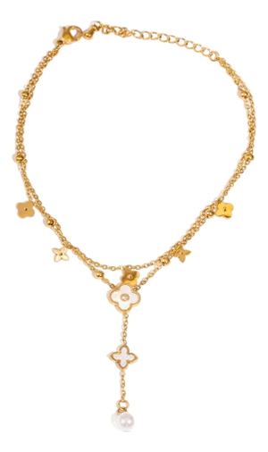 Floral Pearl Charm Gold Anklet