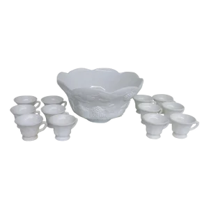 Indiana Style Harvest Grape White Milk Glass Punch Bowl and 12 Cups Set