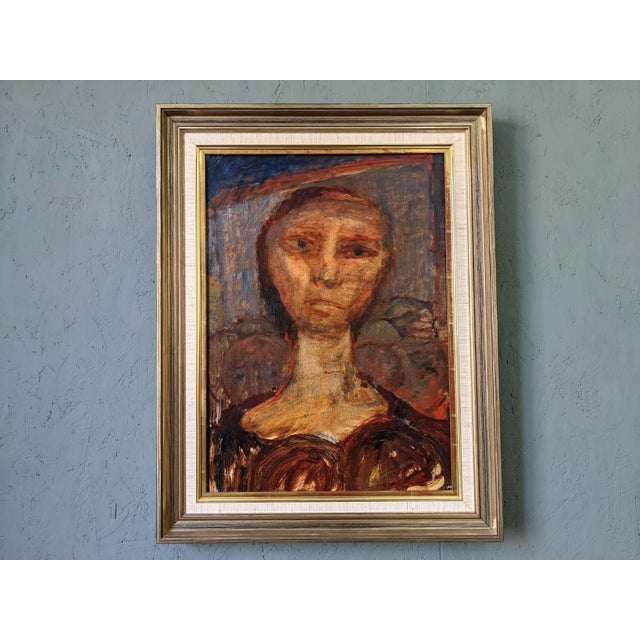 PORTRAIT IN SEPIA Size: 72 x 56 cm (including frame) Oil on Board A large and striking mid century modernist portrait in...