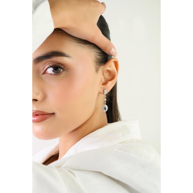 Contemporary Vintage Oval Blue Sapphire & Diamond Halo Drop Earrings in 14k White Gold- A Pair For Sale - Image 3 of 12