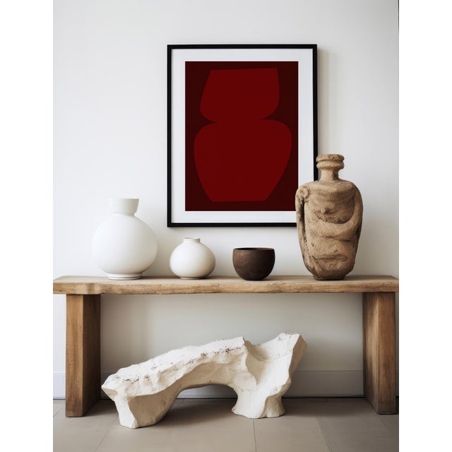 Open edition giclee print by artist Anna Pepe. 20"x28" Elegant cherry red geometrical object on burgundy background....