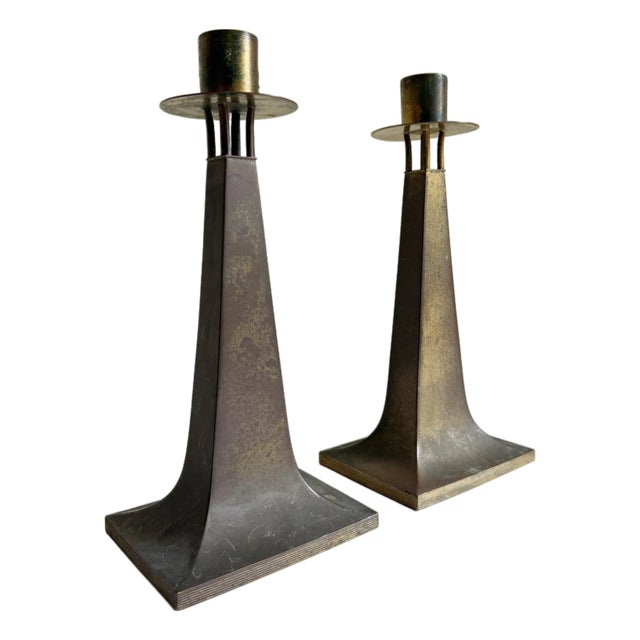 Arts & Crafts Era Brass Candle Holders, a Pair, Early 20th C For Sale