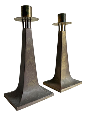 Arts & Crafts Era Rustic Brass Candle Holders, a Pair, Early 20th C