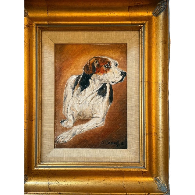 Contemporary Gold Wood Framed Oil on Canvas Portrait — “Blinks Hound” (signed J. Casnellie), c.2006. Striking, small-scale...