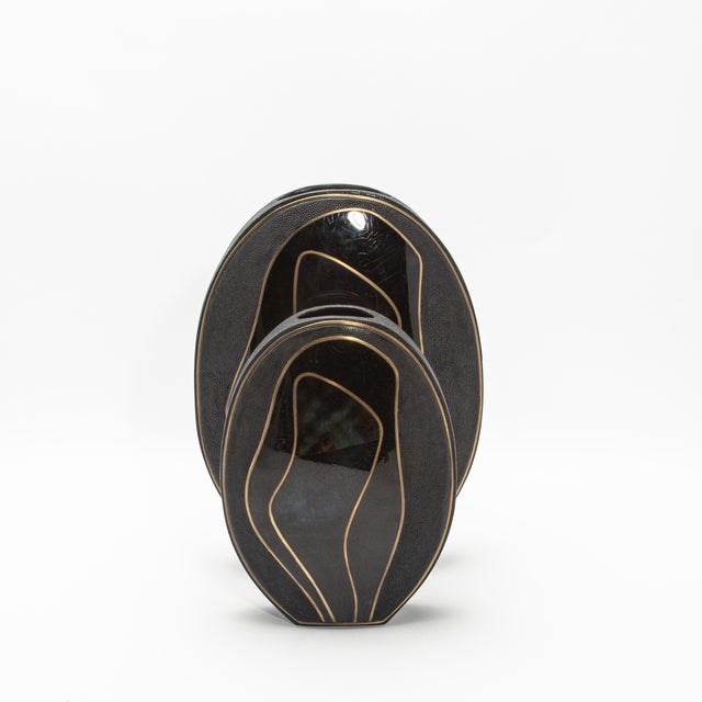 Black Modern Vase in Shagreen With Black Shell and Brass Details by R&y Augousti For Sale - Image 8 of 10