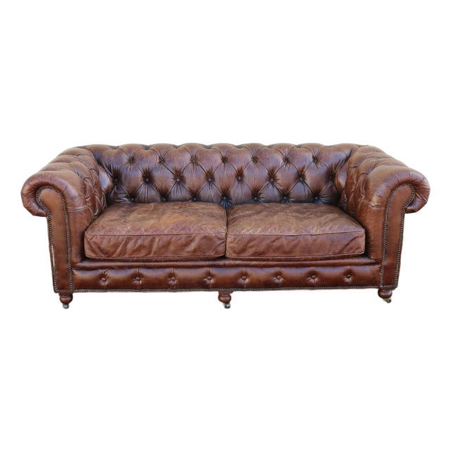 21st Century English Chesterfield Sofa by Restoration Hardware in Aged Brown Leather For Sale