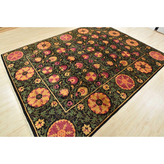Traditional Suzani Rug 8'3'' X 10'6'' Black Wool Traditional Hand-Knotted Oriental Carpet For Sale - Image 3 of 12
