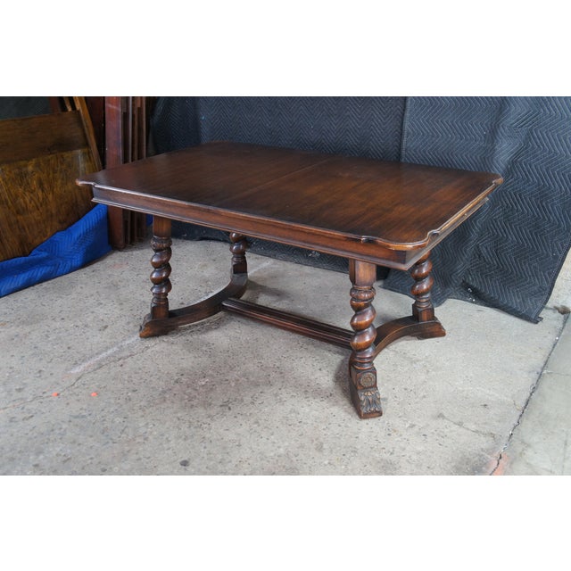 1920s Antique Jacobean Revival Barley Twisted Scissor Leaf Trestle Dining Table For Sale - Image 5 of 14