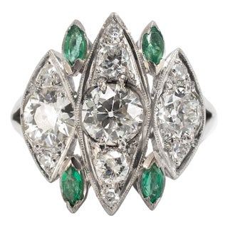 Antique Art Deco Platinum CTW Old Cut Diamond & Emerald Dinner Cocktail Ring, Size 8 For Sale