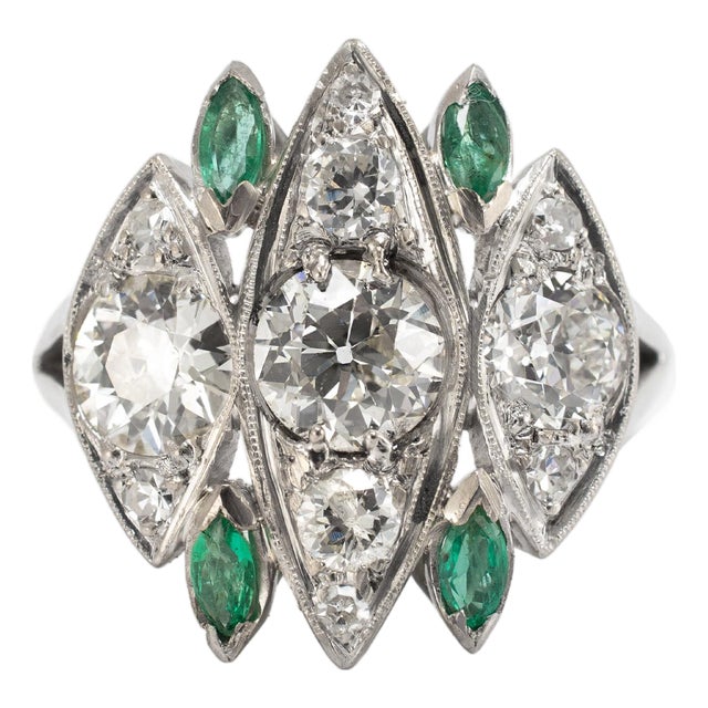 Antique Art Deco Platinum CTW Old Cut Diamond & Emerald Dinner Cocktail Ring, Size 8 For Sale