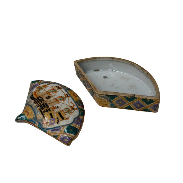 Ceramic Vintage Western Sailing Ship Graphic Fan Shape Porcelain Trinket Box For Sale - Image 7 of 9