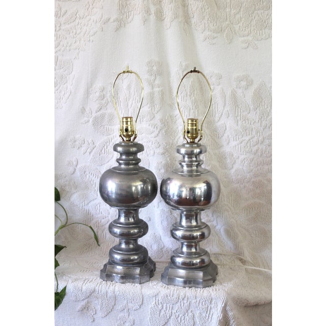 Pair of 1950s Regency Table Lamps in Pewter With White Lampshades For Sale - Image 6 of 10