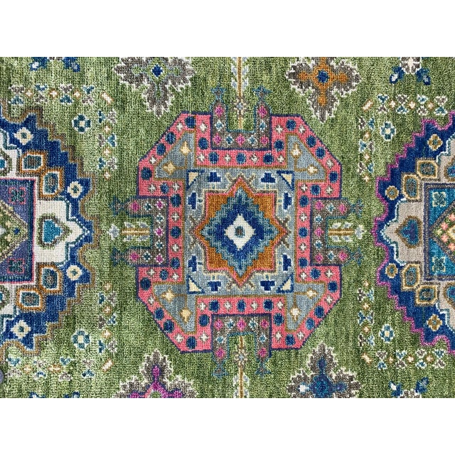 9x12 Ava Kazak Light Green Hand Knotted Wool Geometric Medallion Carpet Rug For Sale - Image 4 of 5